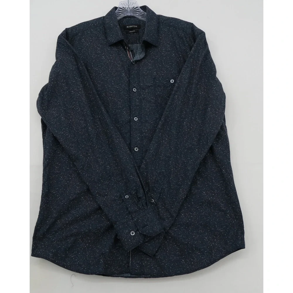 Bugatchi Mens‎ Shaped Fit Long Sleeve Button Down Shirt Navy Speckle Print Large